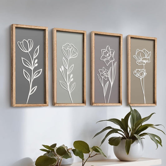 3D Wooden Floral Bathroom Wall Decor (Set of 4) Lightweight, Ready-To-Hang Framed Wall Art for Living Room, Bedroom, or Office - Premium Boho Botanical Farmhouse Decorations - Gift-Boxed