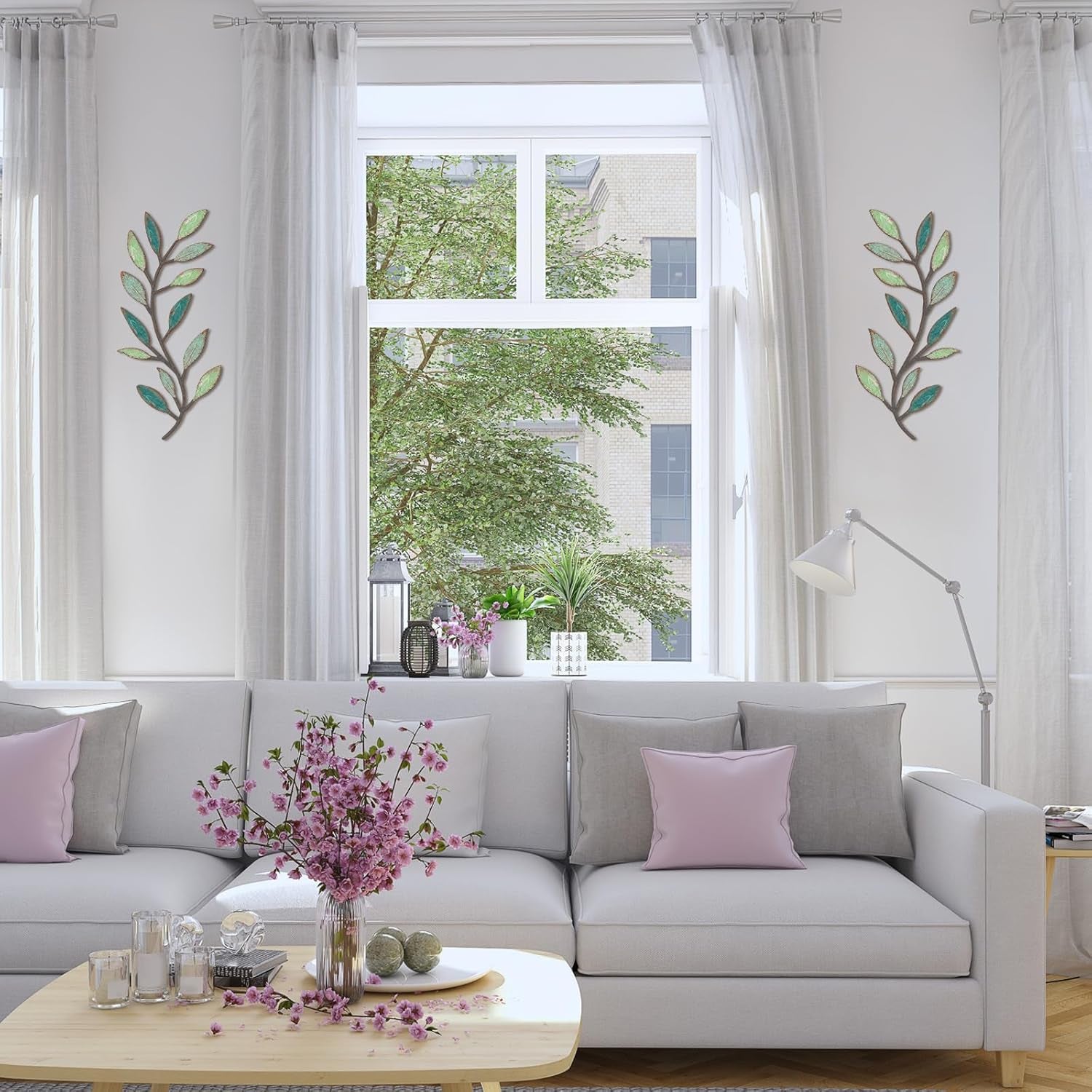 2 Pieces Metal Tree Leaf Wall Decor Vine Olive Branch Leaf Wall Art Living Room, Hallway Wall Decor Outdoor Decoration(Gradient Green)