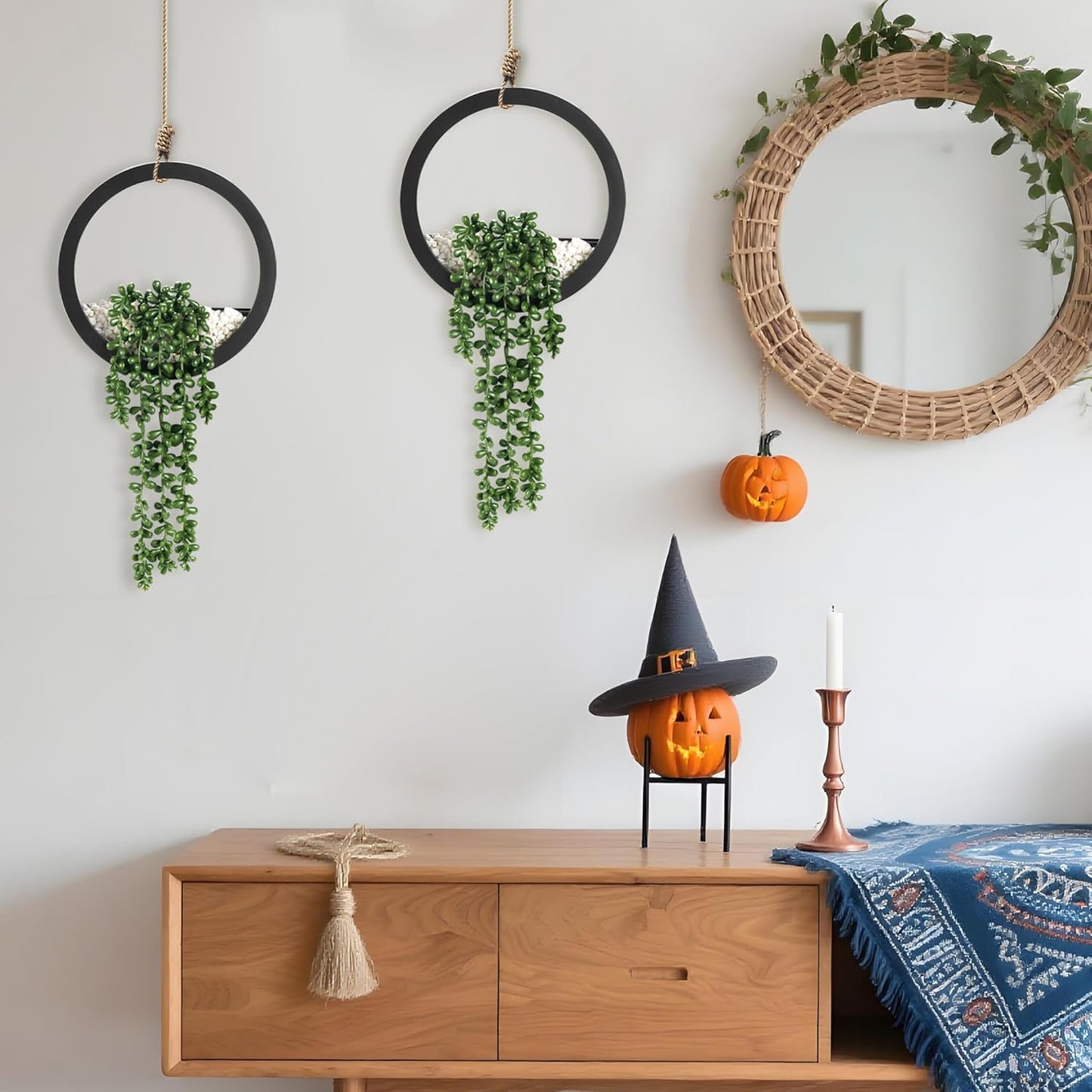 2 Pack Fake Plants Hanging Artificial Succulents Plants in Black Pots for Living Room Bathroom Accessories Boho Farmhouse Wall Decor