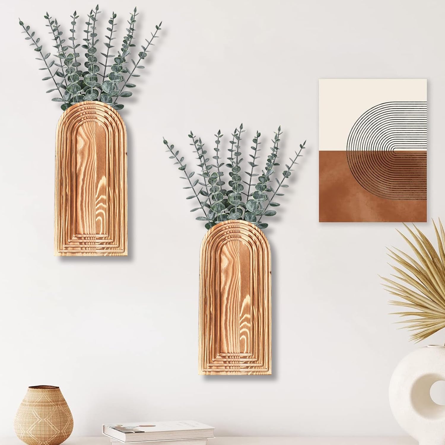 2 Pack Wooden Wall Vase Set - Brown Finish Modern Farmhouse & Boho Wall Decor for Entryway, Hallway, Bathroom, Living Room, Dining Room, Narrow Spaces