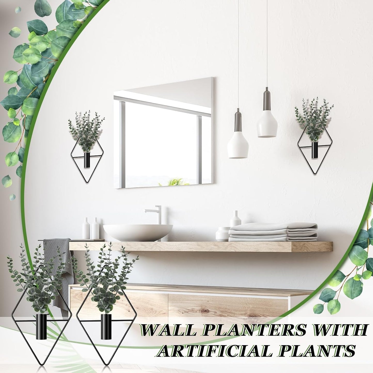 4 Pcs Hanging Planters with Artificial Eucalyptus Metal Hanging Vase Indoor Plants Holder Modern Geometric Boho Bathroom Wall Decor for Living Room Home Office(Black)