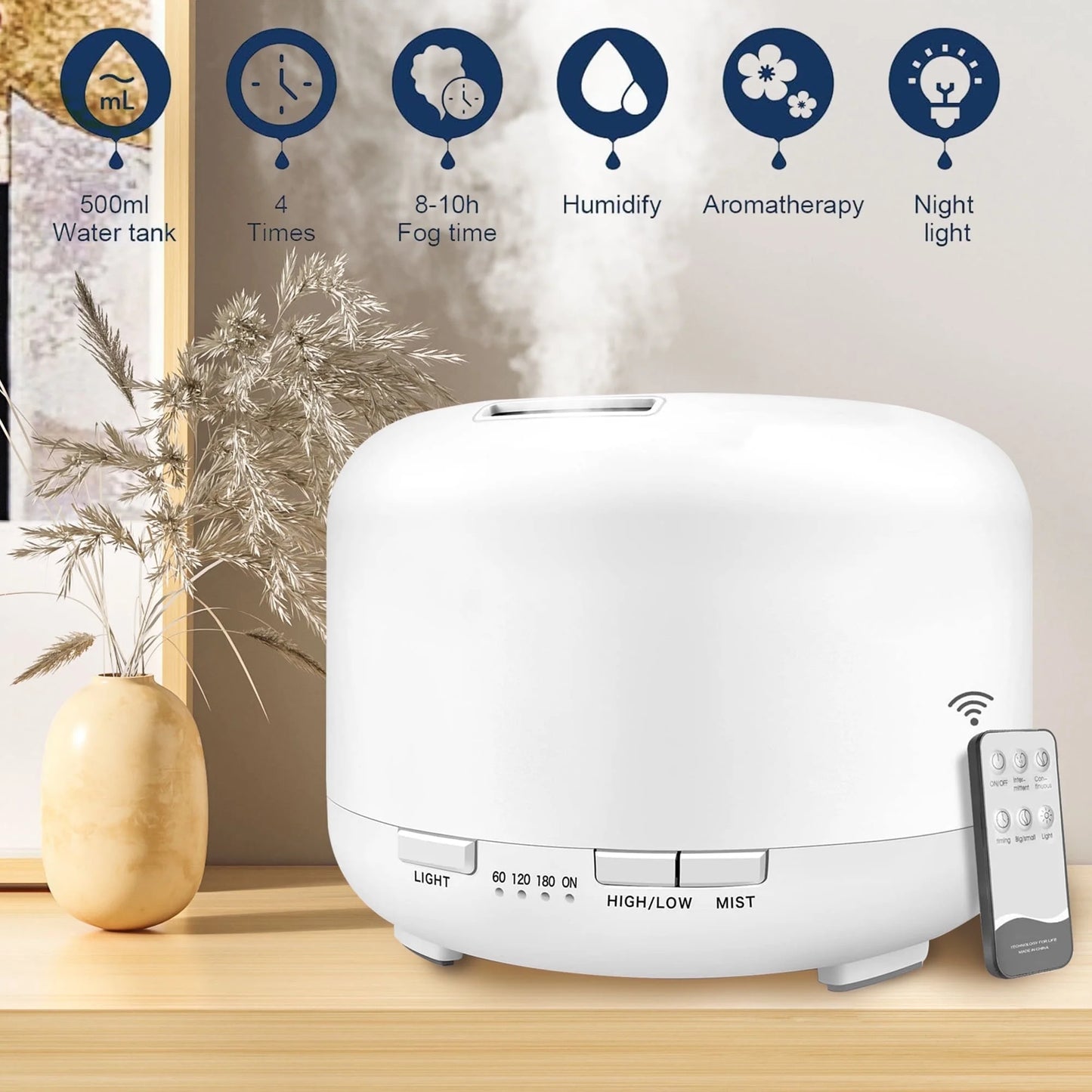 500ml Essential Oil Diffuser with Remote Control – Ultrasonic Aroma Humidifier for Home & Bedroom