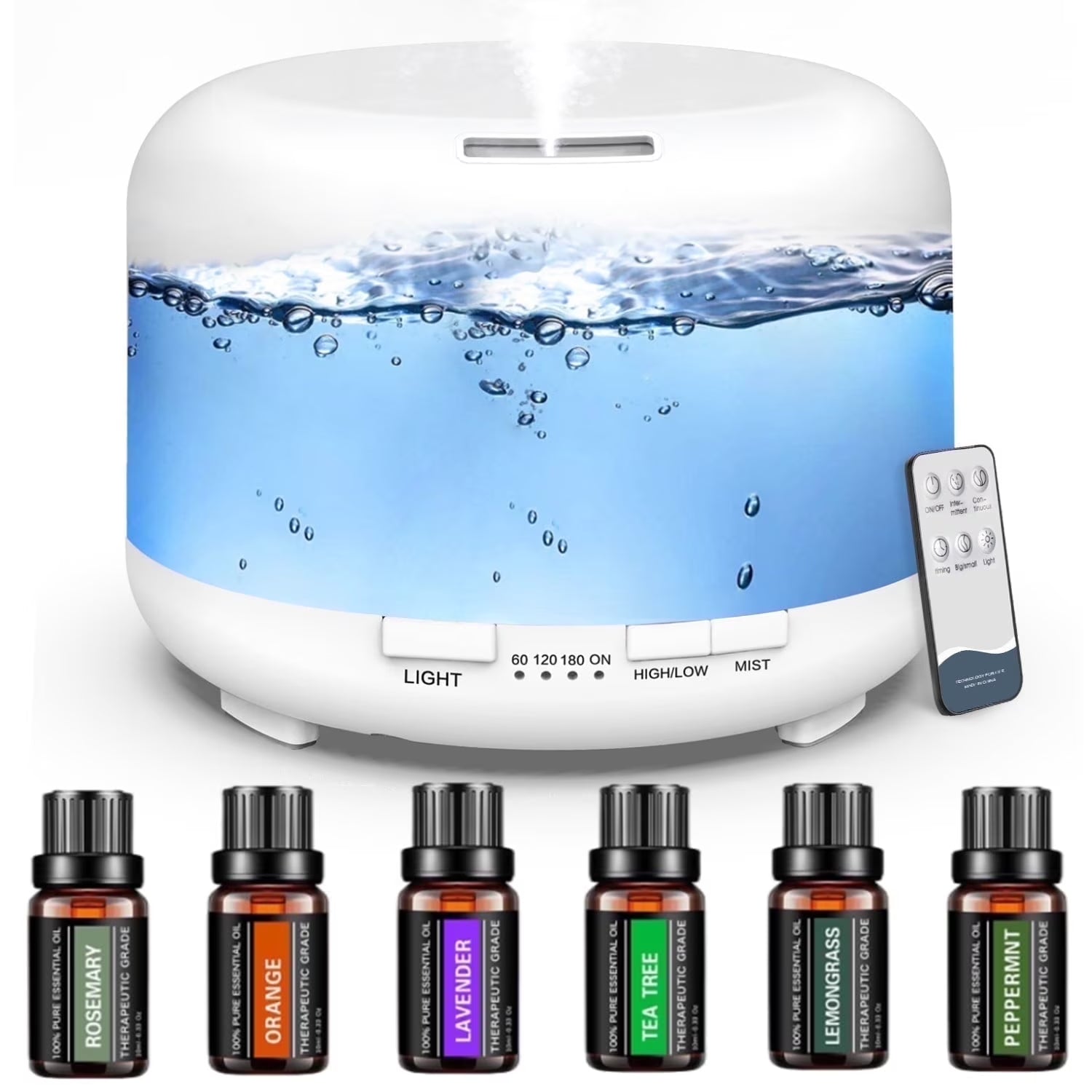 500Ml Essential Oil Diffuser with 6*10Ml Essential Oils Set, Flower Aromatherapy Diffusers with Remote Control, Oil Air Humidifier Vaporizer for Large Room Bedroom Office