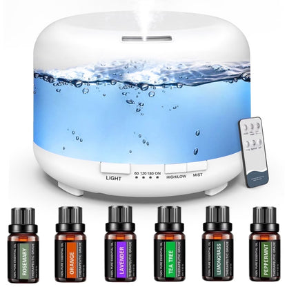 500Ml Essential Oil Diffuser with 6*10Ml Essential Oils Set, Flower Aromatherapy Diffusers with Remote Control, Oil Air Humidifier Vaporizer for Large Room Bedroom Office