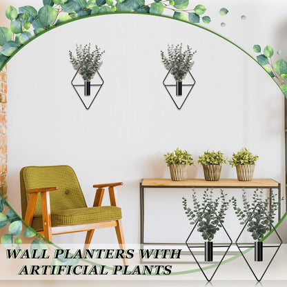 4 Pcs Hanging Planters with Artificial Eucalyptus Metal Hanging Vase Indoor Plants Holder Modern Geometric Boho Bathroom Wall Decor for Living Room Home Office(Black)
