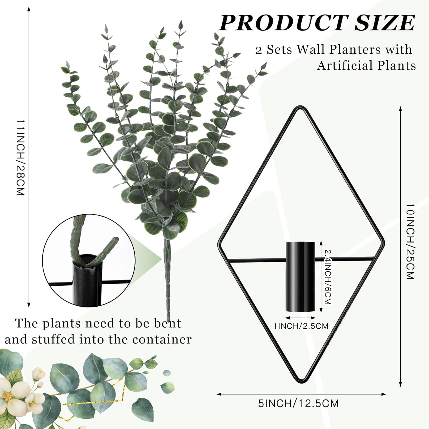 4 Pcs Hanging Planters with Artificial Eucalyptus Metal Hanging Vase Indoor Plants Holder Modern Geometric Boho Bathroom Wall Decor for Living Room Home Office(Black)