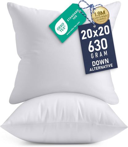 20X20 Pillow Inserts, Set of 2, White – Indoor Decorative Throw Pillows for Bed, Sofa & Couch – Soft, Supportive & Fluffy Cushion Inserts