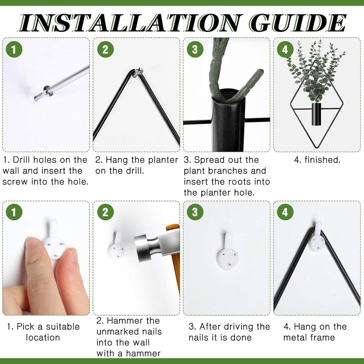 4 Pcs Hanging Planters with Artificial Eucalyptus Metal Hanging Vase Indoor Plants Holder Modern Geometric Boho Bathroom Wall Decor for Living Room Home Office(Black)