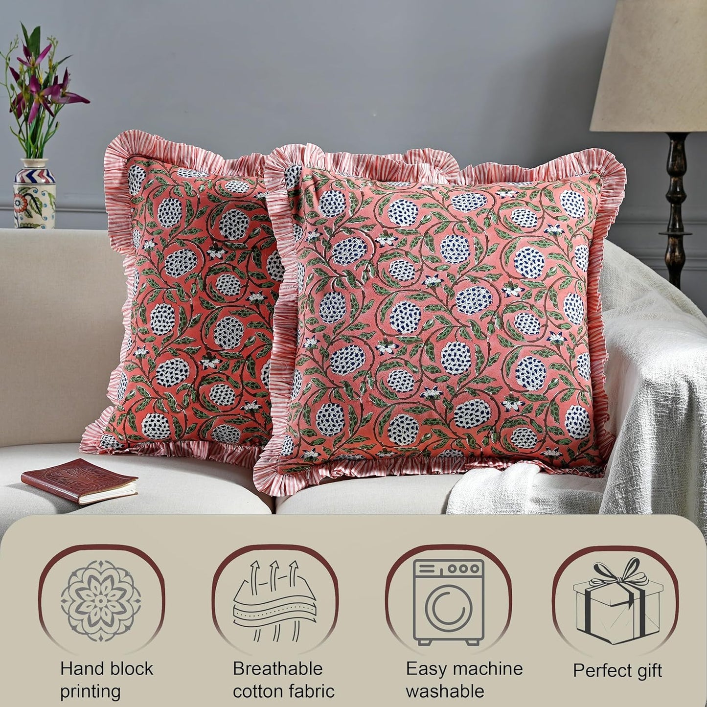 Block Print Dark Salmon Pink Throw Pillow Cover 18" X 18" (Pack of 2) Decorative Cushion Covers with Ruffle for Couch, Sofa, Bed, Living Room, Home Decor Gift for Spring, Easter, Valentine