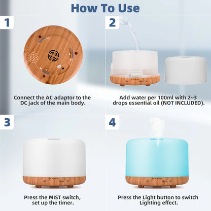 500Ml Essential Oil Diffuser with Remote Control,6*10Ml Air Humidifier with 3 Timers 7 Colors Ambient Light for Large Room Home Office