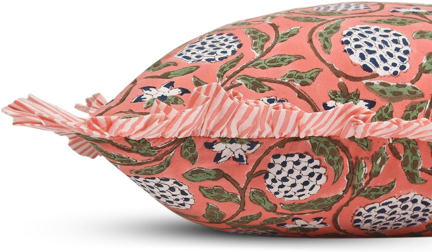 Block Print Dark Salmon Pink Throw Pillow Cover 18" X 18" (Pack of 2) Decorative Cushion Covers with Ruffle for Couch, Sofa, Bed, Living Room, Home Decor Gift for Spring, Easter, Valentine