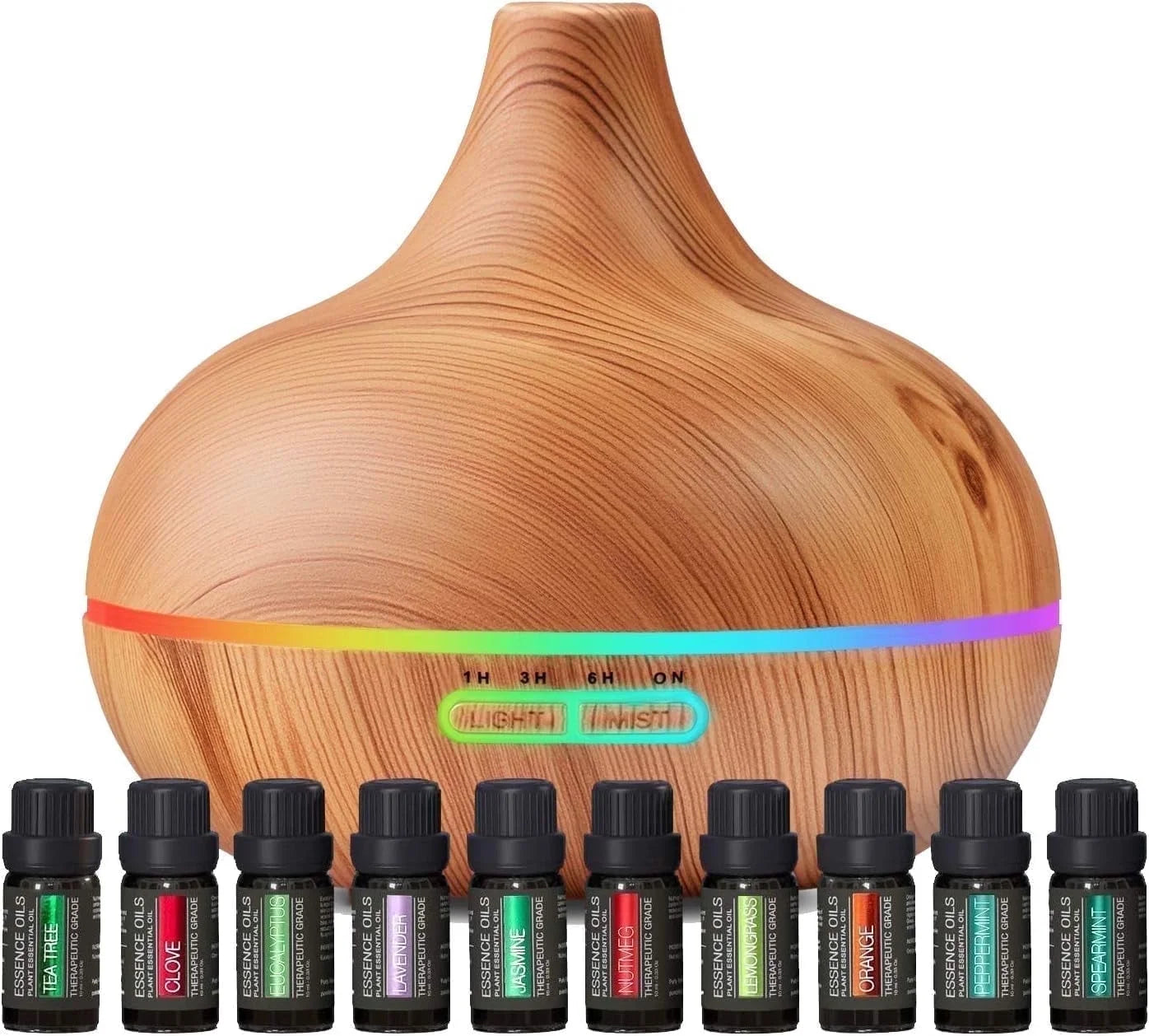 Aromatherapy Diffuser Essential Oil Set - 10 Scents, 7 Lights, Timer, Modern Design - Light Wood