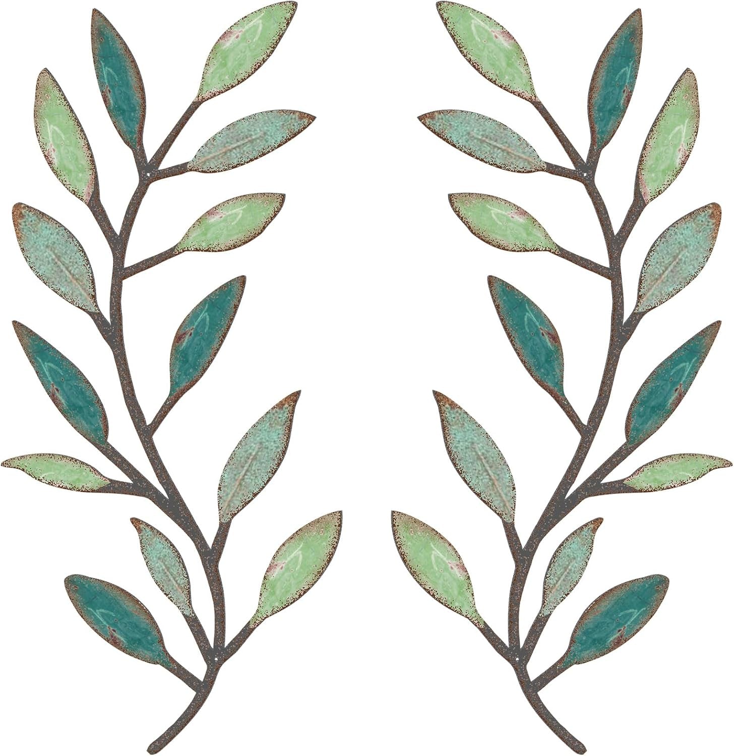 2 Pieces Metal Tree Leaf Wall Decor Vine Olive Branch Leaf Wall Art Living Room, Hallway Wall Decor Outdoor Decoration(Gradient Green)