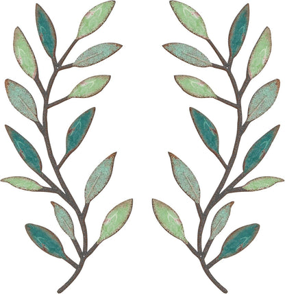 2 Pieces Metal Tree Leaf Wall Decor Vine Olive Branch Leaf Wall Art Living Room, Hallway Wall Decor Outdoor Decoration(Gradient Green)