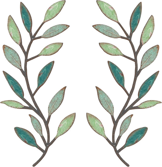 2 Pieces Metal Tree Leaf Wall Decor Vine Olive Branch Leaf Wall Art Living Room, Hallway Wall Decor Outdoor Decoration(Gradient Green)