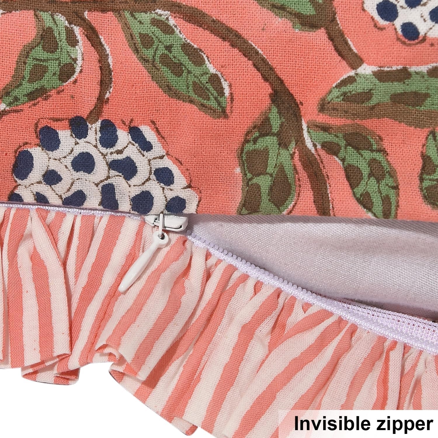 Block Print Dark Salmon Pink Throw Pillow Cover 18" X 18" (Pack of 2) Decorative Cushion Covers with Ruffle for Couch, Sofa, Bed, Living Room, Home Decor Gift for Spring, Easter, Valentine