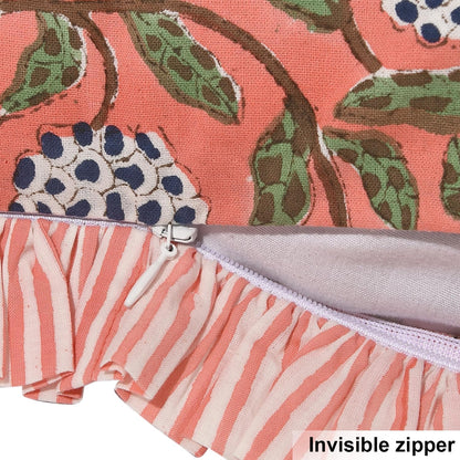Block Print Dark Salmon Pink Throw Pillow Cover 18" X 18" (Pack of 2) Decorative Cushion Covers with Ruffle for Couch, Sofa, Bed, Living Room, Home Decor Gift for Spring, Easter, Valentine