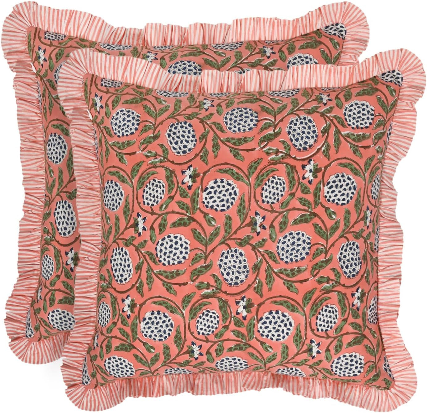 Block Print Dark Salmon Pink Throw Pillow Cover 18" X 18" (Pack of 2) Decorative Cushion Covers with Ruffle for Couch, Sofa, Bed, Living Room, Home Decor Gift for Spring, Easter, Valentine