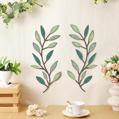 2 Pieces Metal Tree Leaf Wall Decor Vine Olive Branch Leaf Wall Art Living Room, Hallway Wall Decor Outdoor Decoration(Gradient Green)