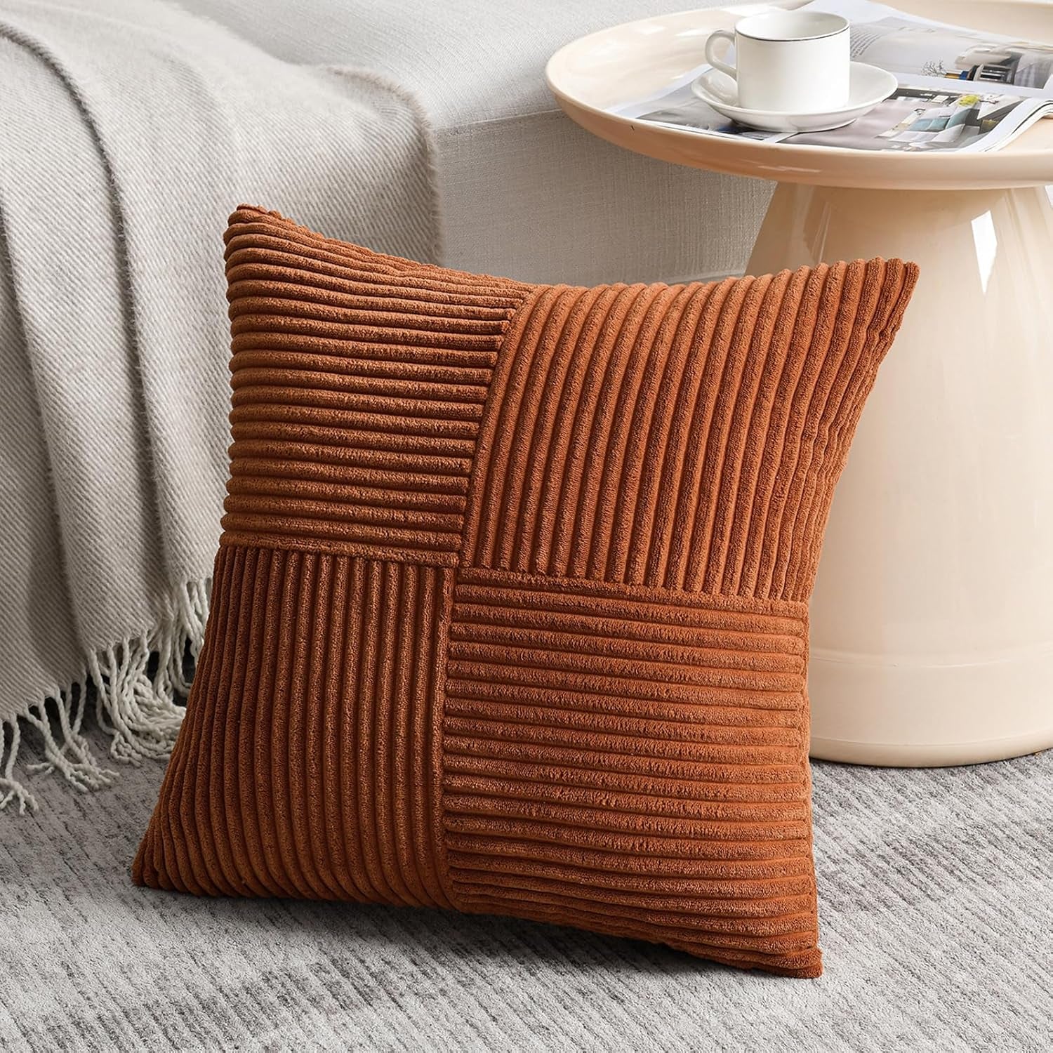 2 Packs Rust Boho Decorative Throw Pillow Covers 18X18 Inch for Couch Bed Sofa, Farmhouse Fall Home Decor, Soft Corss Corduroy Patchwork Textured Terracotta Accent Cushion Case 45X45 Cm