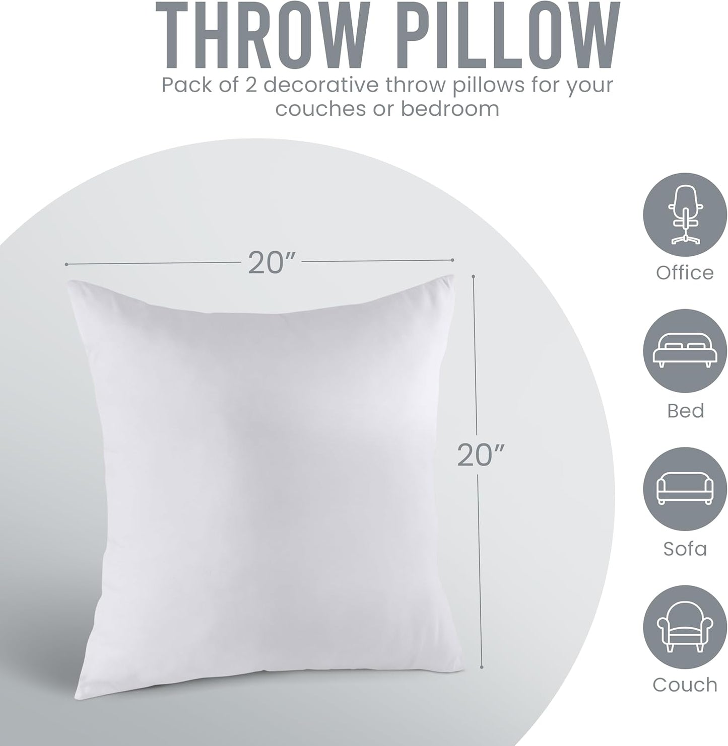 20X20 Pillow Inserts, Set of 2, White – Indoor Decorative Throw Pillows for Bed, Sofa & Couch – Soft, Supportive & Fluffy Cushion Inserts