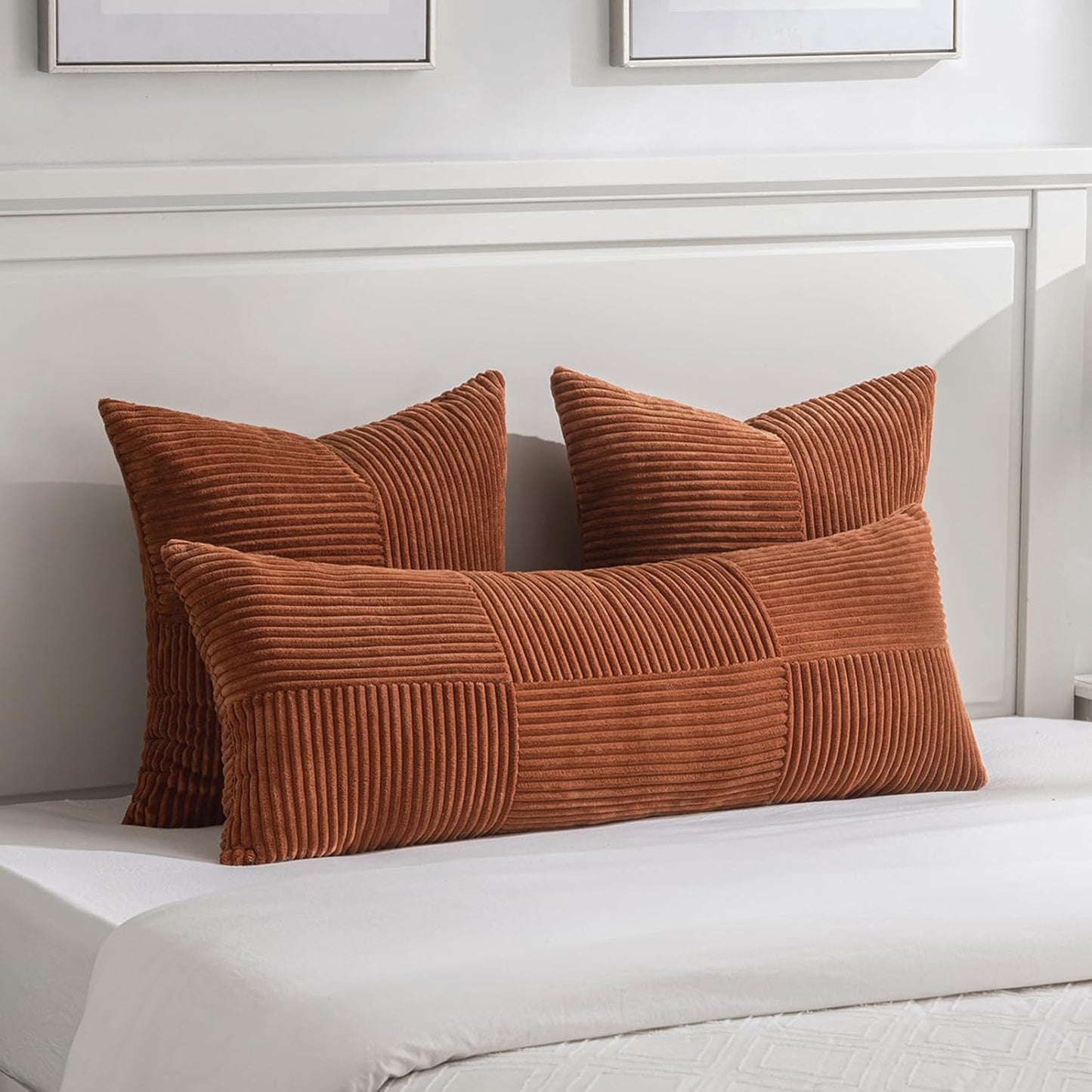 2 Packs Rust Boho Decorative Throw Pillow Covers 18X18 Inch for Couch Bed Sofa, Farmhouse Fall Home Decor, Soft Corss Corduroy Patchwork Textured Terracotta Accent Cushion Case 45X45 Cm
