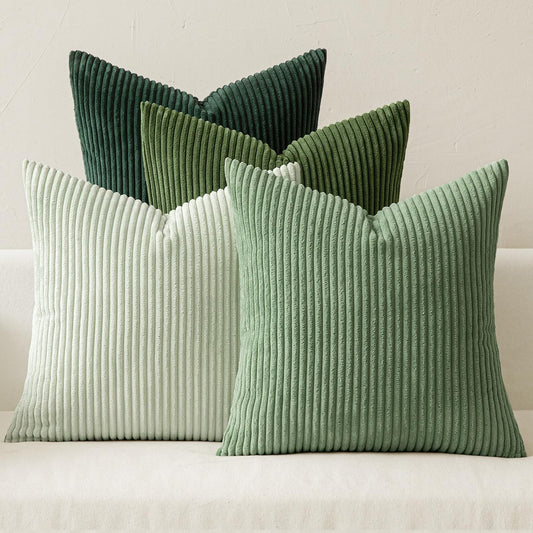 Boho Farmhouse Sage Green Throw Pillow Covers 18X18 Inch Set of 4 Mordern Nordic Cushion Covers Soft Corduroy Spring Home Decor for Couch Bed Sofa Living Room Forest Green